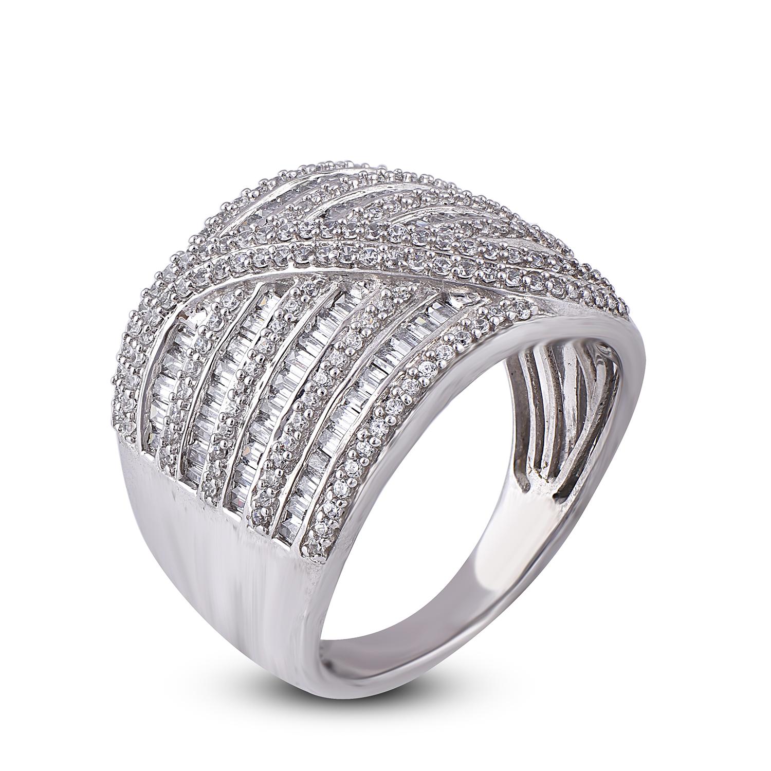 Unique design crisscross diamond ring is studded with 154 natural diamond and 92 Baguette cut diamond beautifully set in prong and channel setting. Fashioned in 14 karat White gold and 1.00 ct total diamond weight H-I color I2 Clarity.