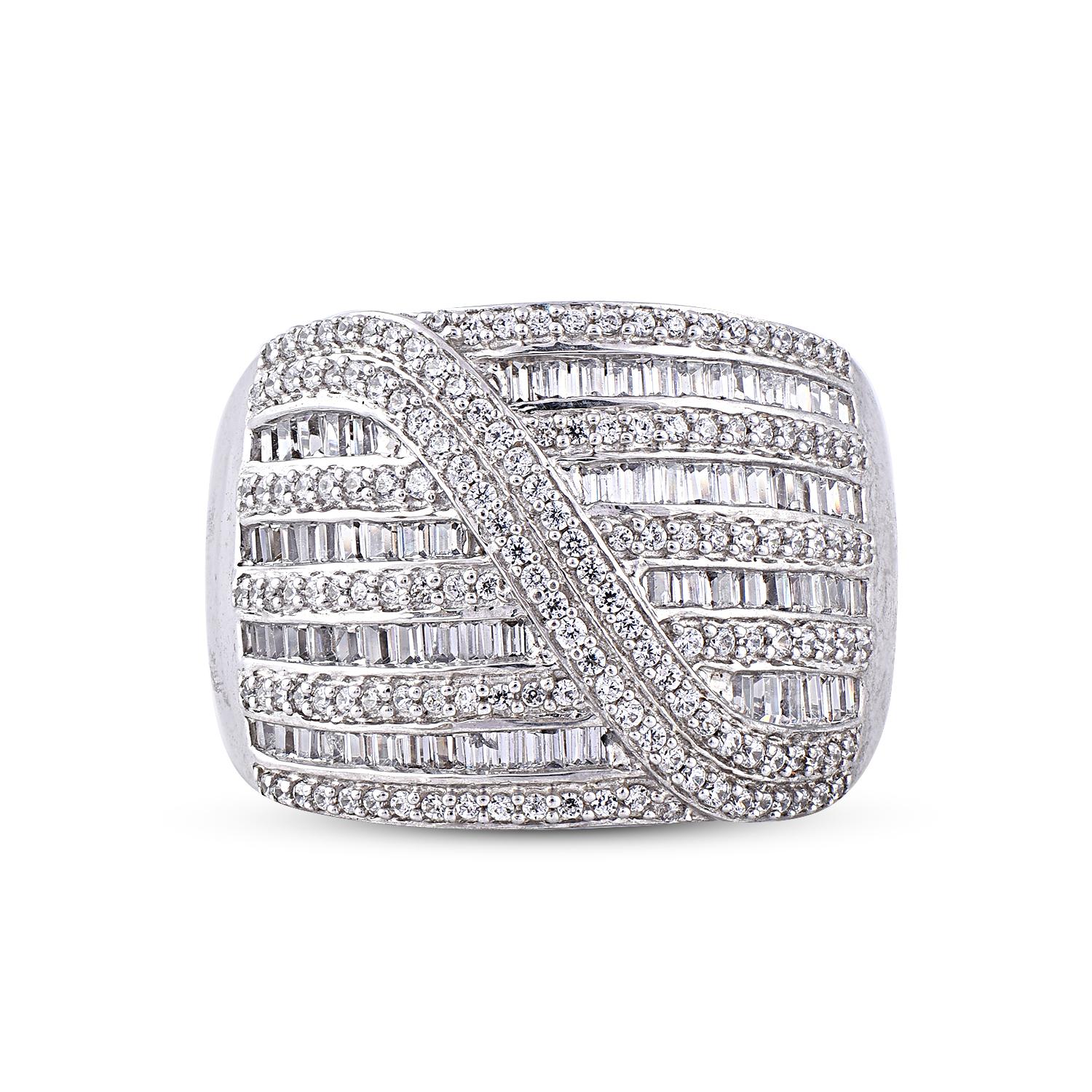 Art Deco TJD 1.0 Carat Round Diamond 14 Karat White Gold Crossover Wide Wedding Band For Sale