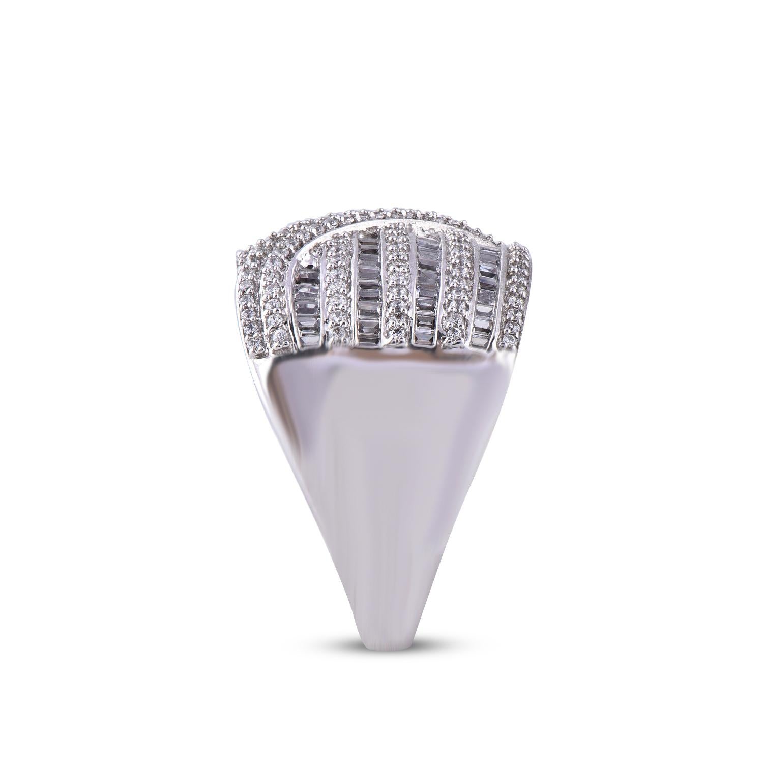 Baguette Cut TJD 1.0 Carat Round Diamond 14 Karat White Gold Crossover Wide Wedding Band For Sale