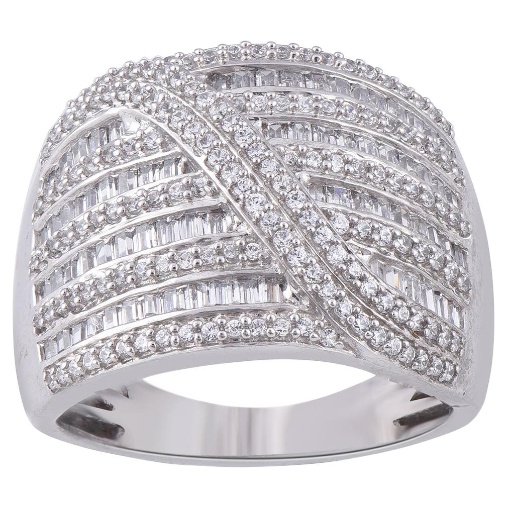 TJD 1.0 Carat Round Diamond 14 Karat White Gold Crossover Wide Wedding Band For Sale
