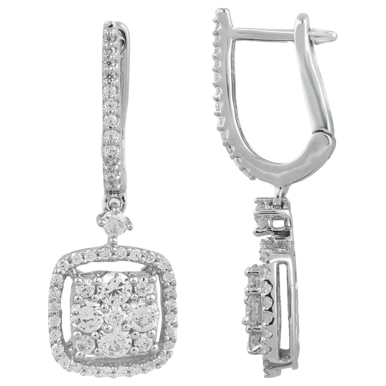 TJD 1.0 Carat Round Diamond 14 Karat White Gold Cushion Frame Drop Earrings
