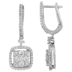 TJD 1.0 Carat Round Diamond 14 Karat White Gold Cushion Frame Drop Earrings