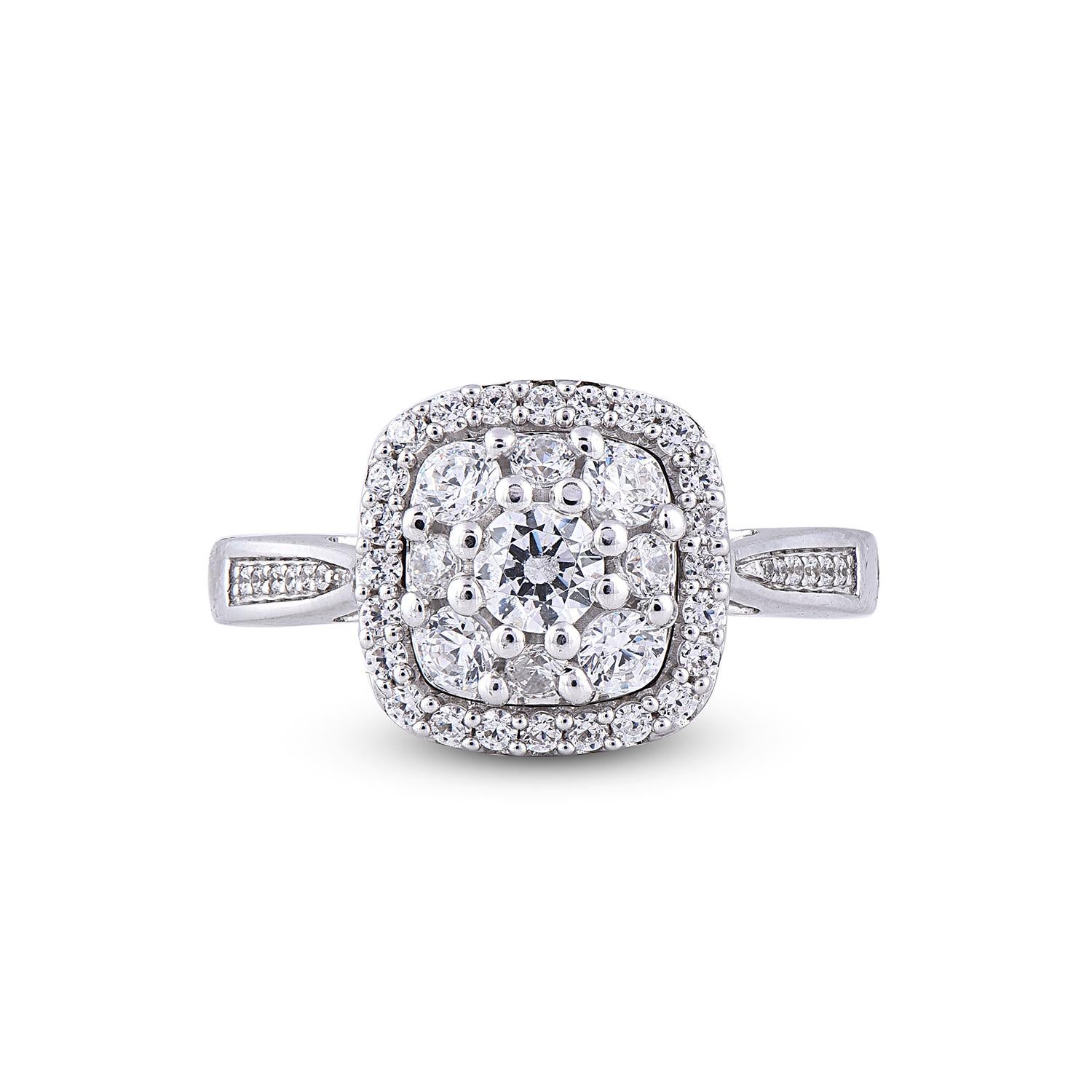 Art Deco TJD 1.0 Carat Round Diamond 14 Karat White Gold Cushion Shape Cluster Halo Ring For Sale