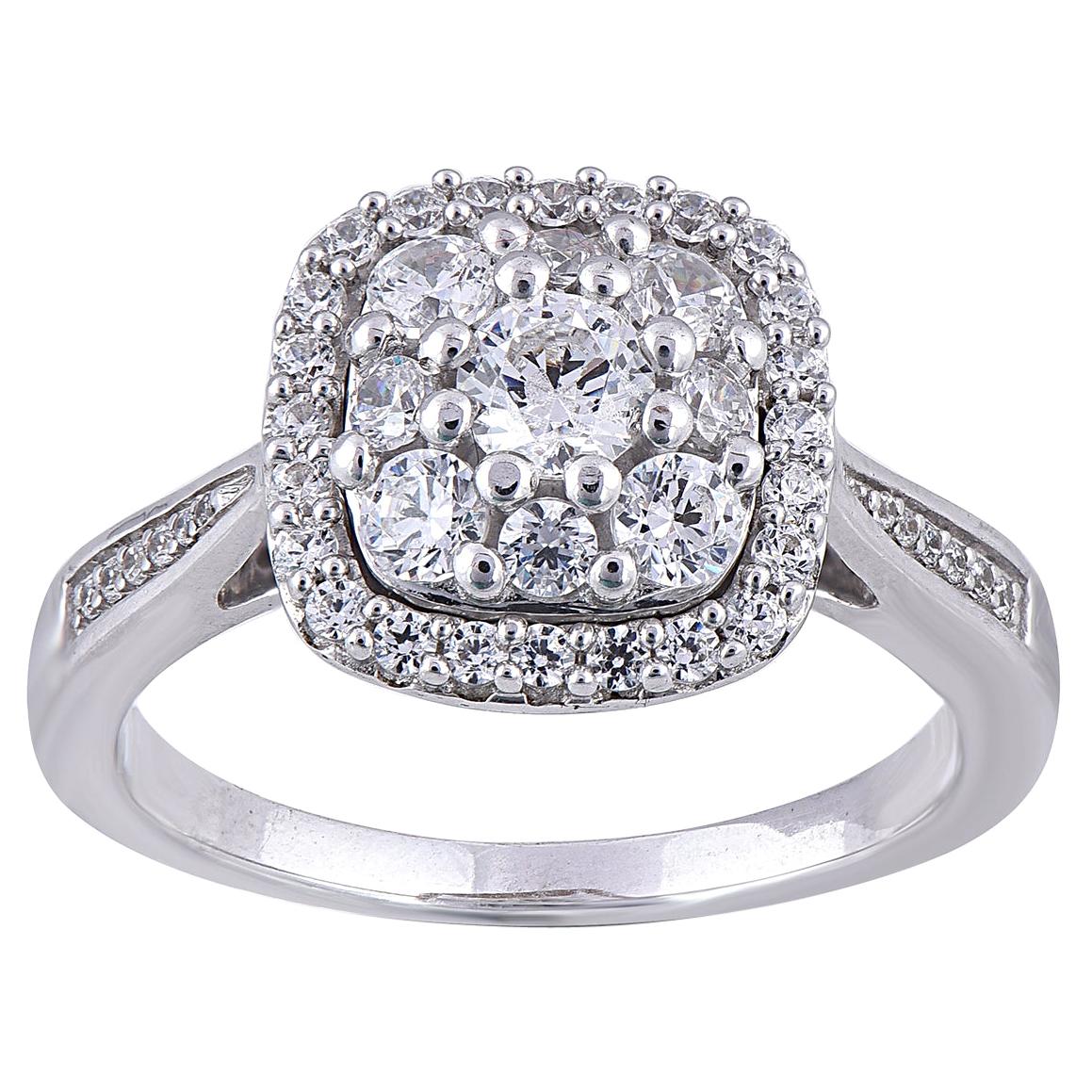 TJD 1.0 Carat Round Diamond 14 Karat White Gold Cushion Shape Cluster Halo Ring