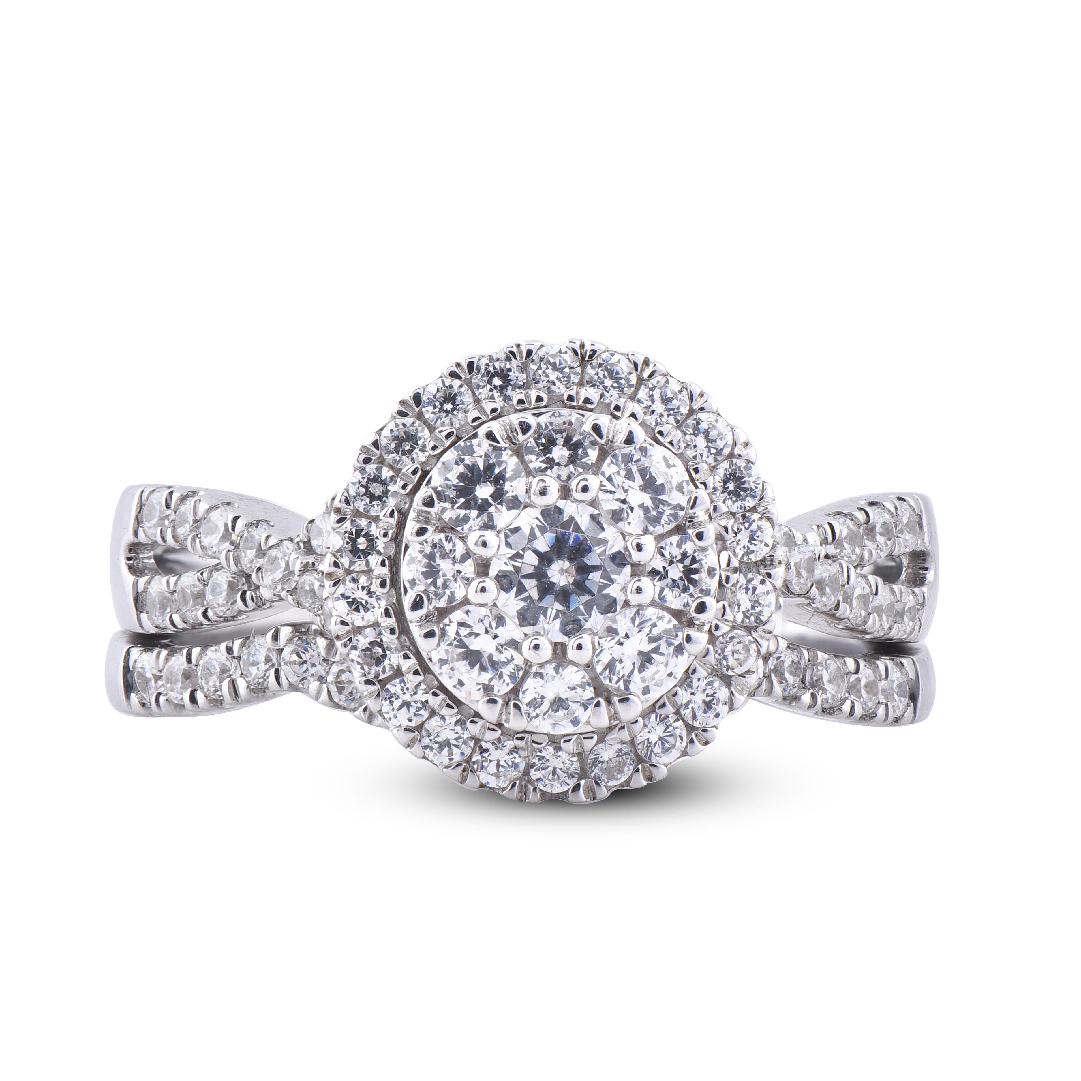 Art déco TJD Bague de fiançailles en or blanc 14 carats sertie d'un diamant rond de 1,0 carat en vente