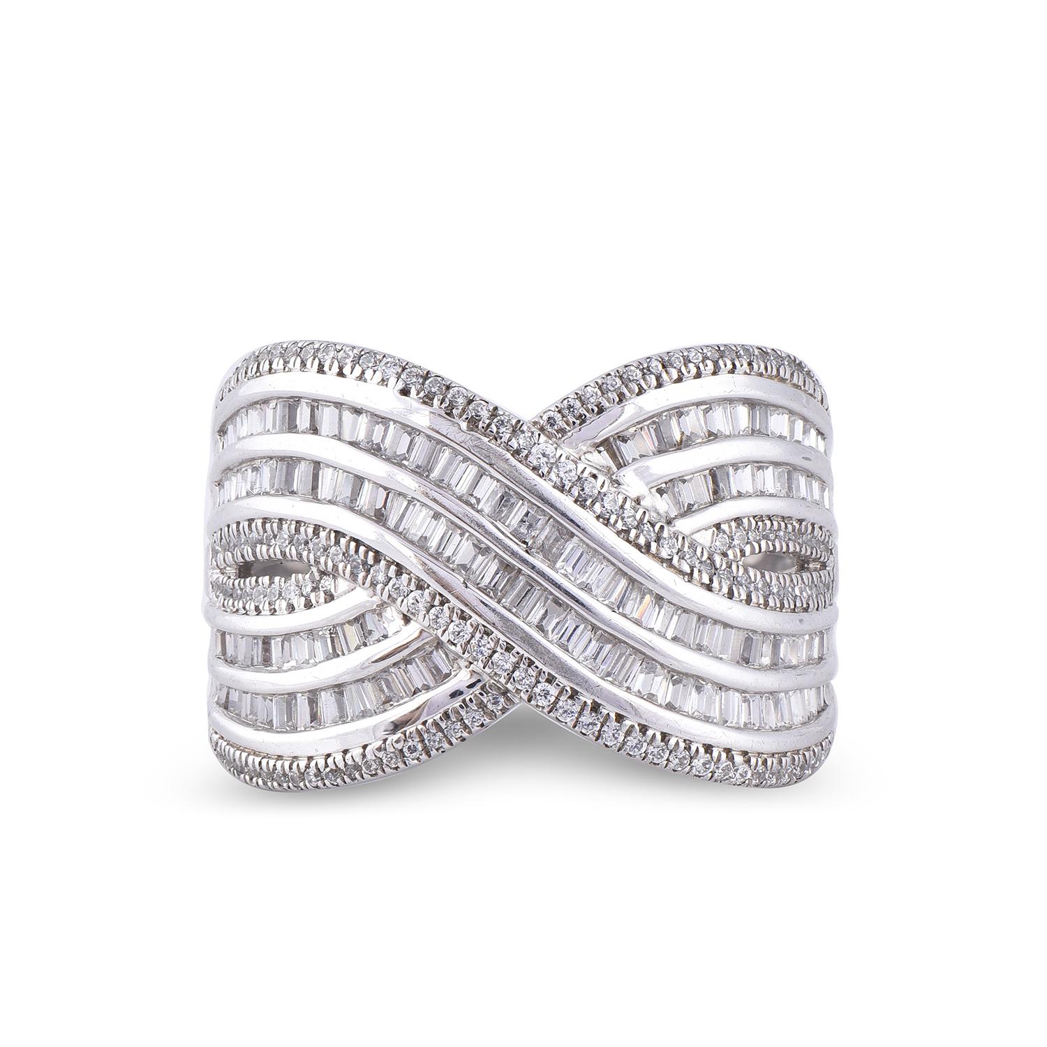 TJD 1,0 Karat runder Diamant 14 Karat Weißgold Multi Row Crossover Ehering (Art déco) im Angebot