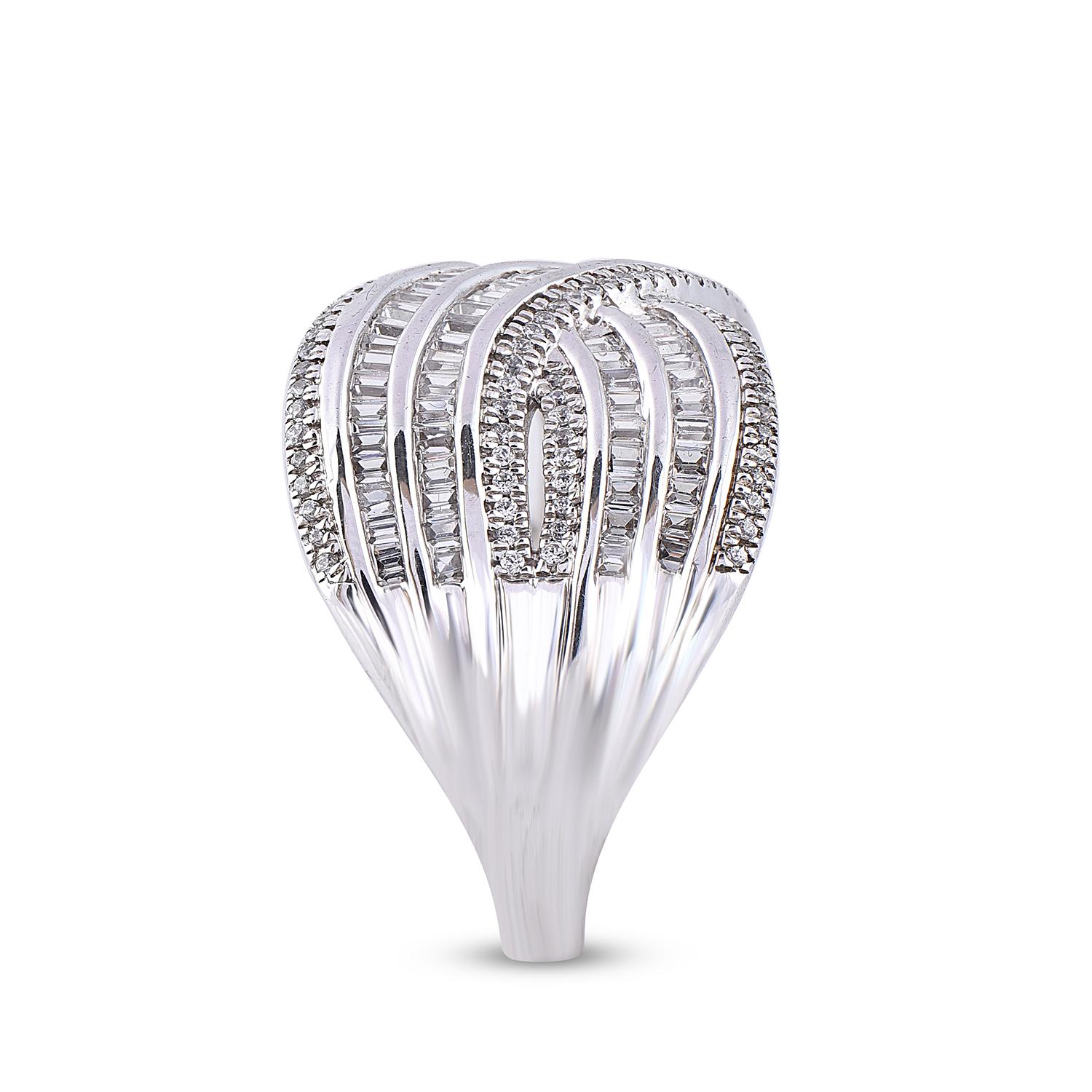 TJD 1,0 Karat runder Diamant 14 Karat Weißgold Multi Row Crossover Ehering (Baguetteschliff) im Angebot