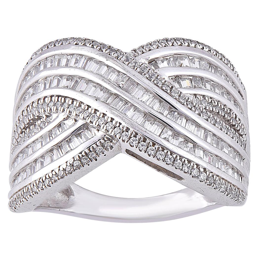 TJD 1.0 Carat Round Diamond 14 Karat White Gold Multi Row Crossover Wedding Band