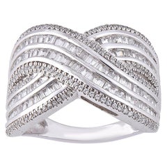 TJD 1.0 Carat Round Diamond 14 Karat White Gold Multi Row Crossover Wedding Band