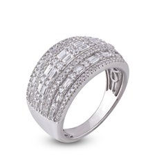 TJD 1.0 Carat Round Diamond 14 Karat White Gold Multi Row Wide Fancy Band Ring