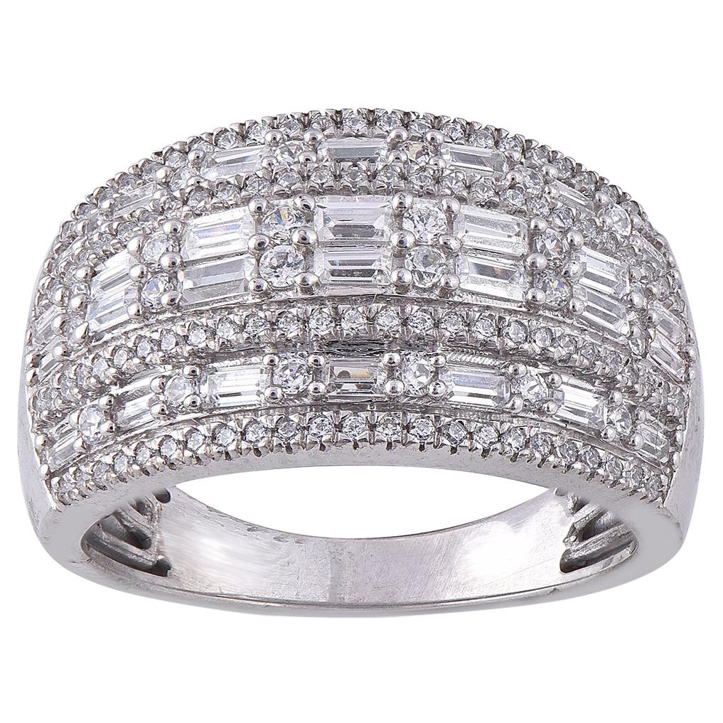 TJD 1.0 Carat Round Diamond 14 Karat White Gold Multi Row Wide Fancy Band Ring