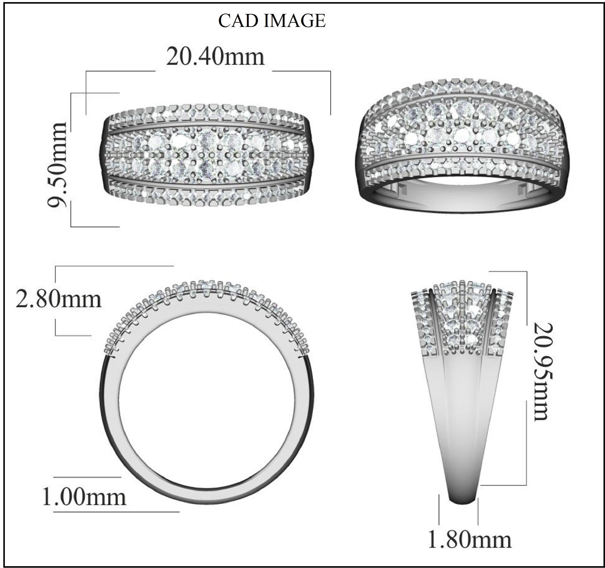 Truly exquisite, this  Multi row wide diamond  ring is sure to be admired for the inherent classic beauty and elegance within its design. The total weight of diamonds 1.0 carat, H-I color, I2 Clarity and studded with 96 round brilliant diamond set