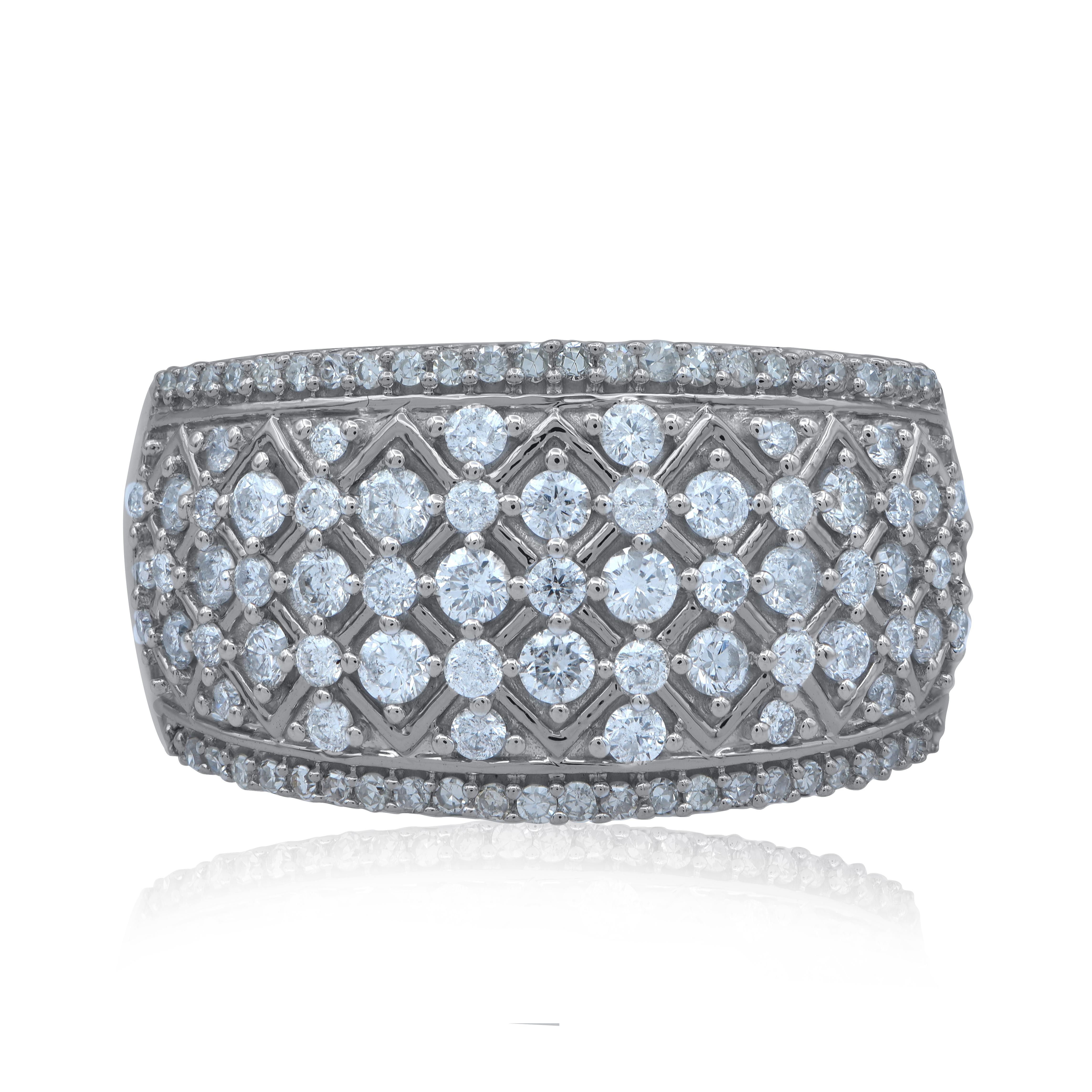 Beautiful Round Natural Diamond Wide Band Ring. This ring is beautifully designed and prong set with 105 round brilliant cut Diamonds. The ring is a vintage style band . The total weight of diamonds 1.0 carat, H-I Color and I2 Clarity. This ring has