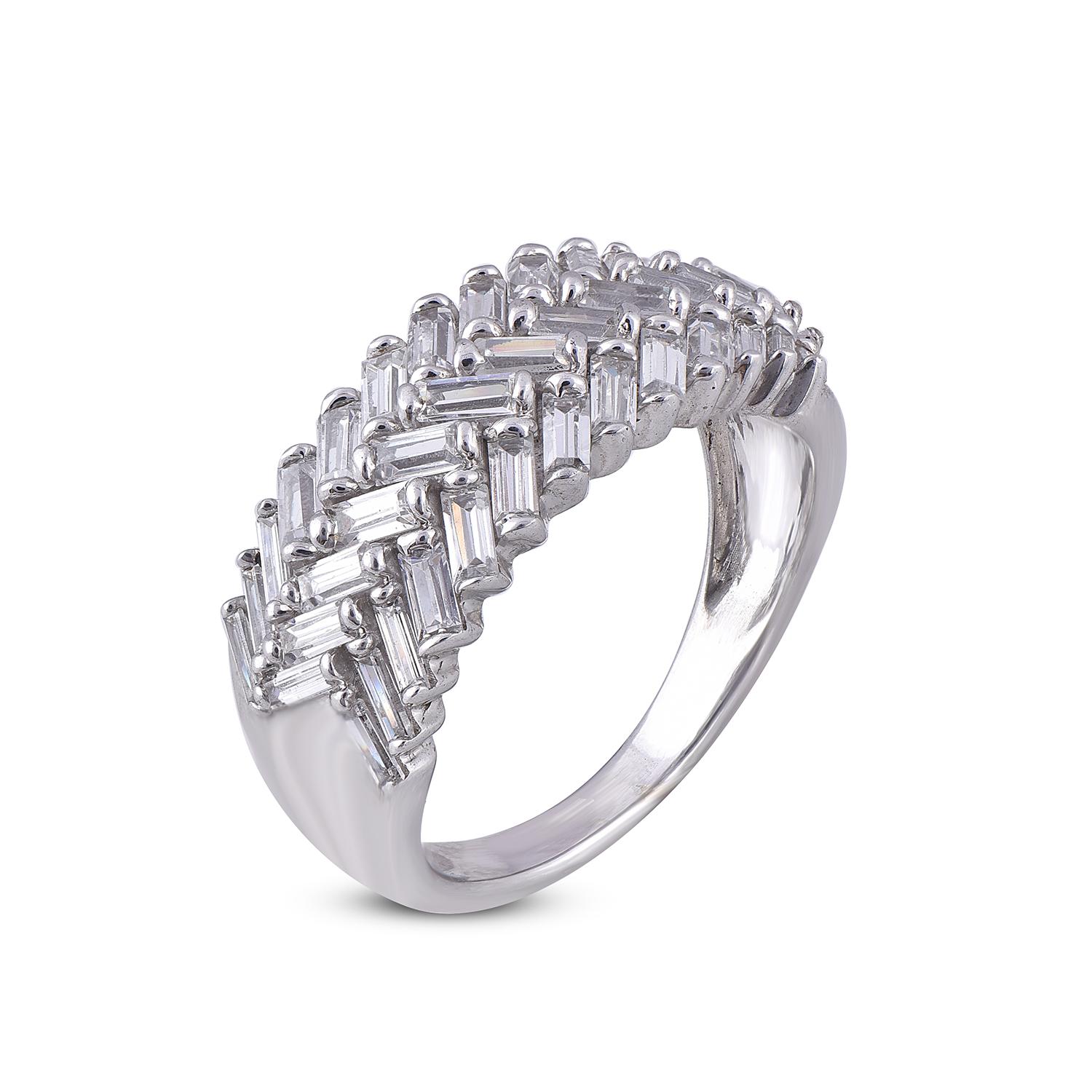 Honor the women you love with this designer twisted diamond wedding band is expertly crafted in 14 Karat white Gold and features 39 baguette cut diamond set in channel setting. This Wedding band has high polish finish and is a valuable addition to