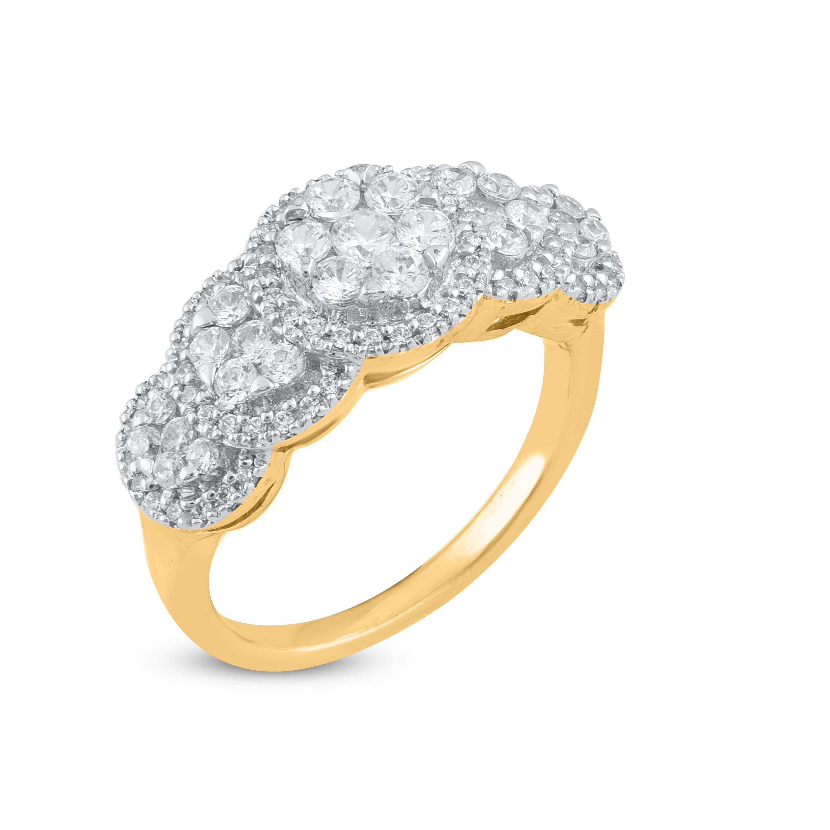 Bague exquise en or 14K avec pétales de diamants de 1,0 carat. Fabriqué de façon experte en or jaune 14 carats en finition polie et serti de 93 diamants blancs ronds étincelants en serti-pression, nous n'utilisons que des diamants 100% naturels et