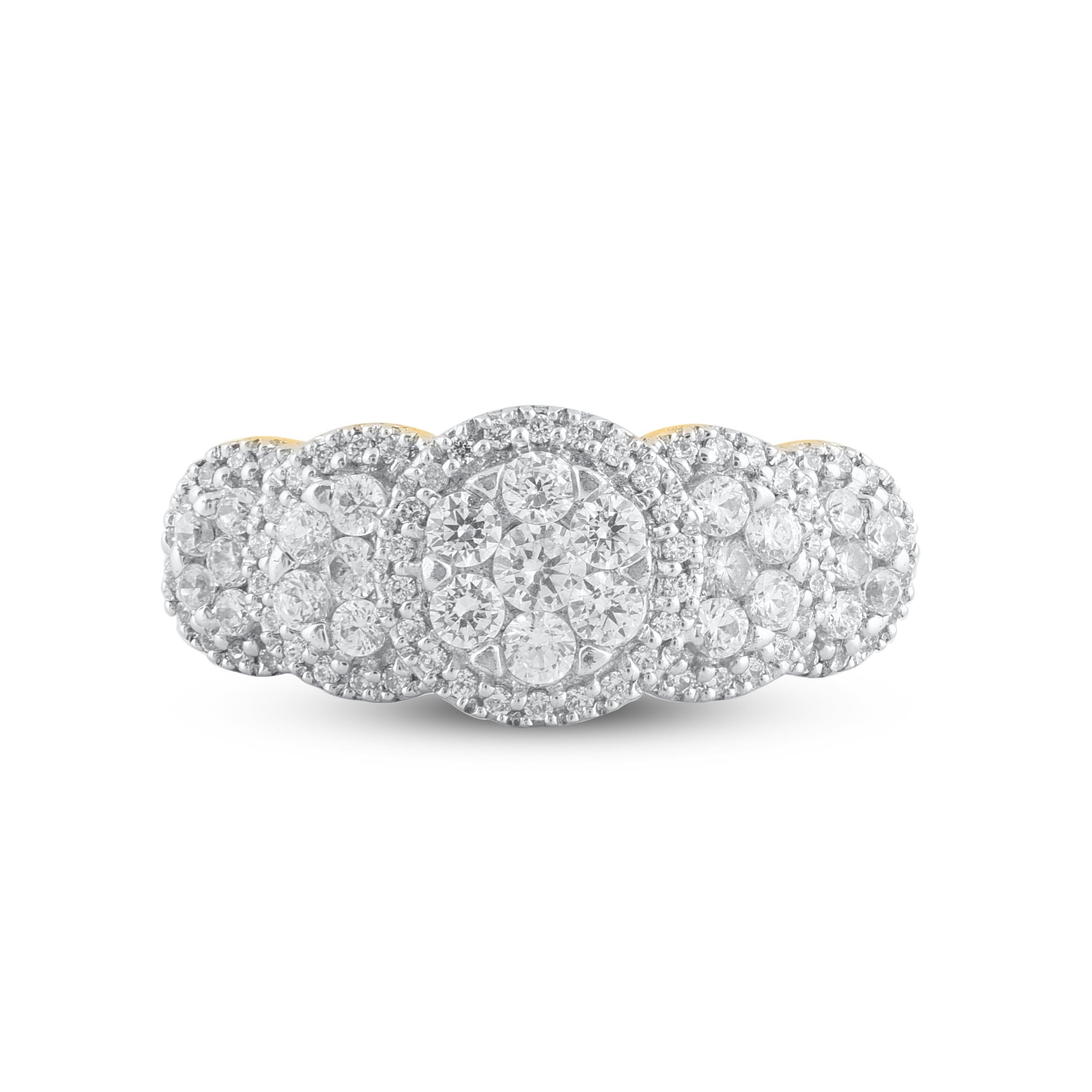 Art déco Bague de créateur en or jaune 14 carats à 5 halo de diamants ronds de 1,0 carat TJD en vente