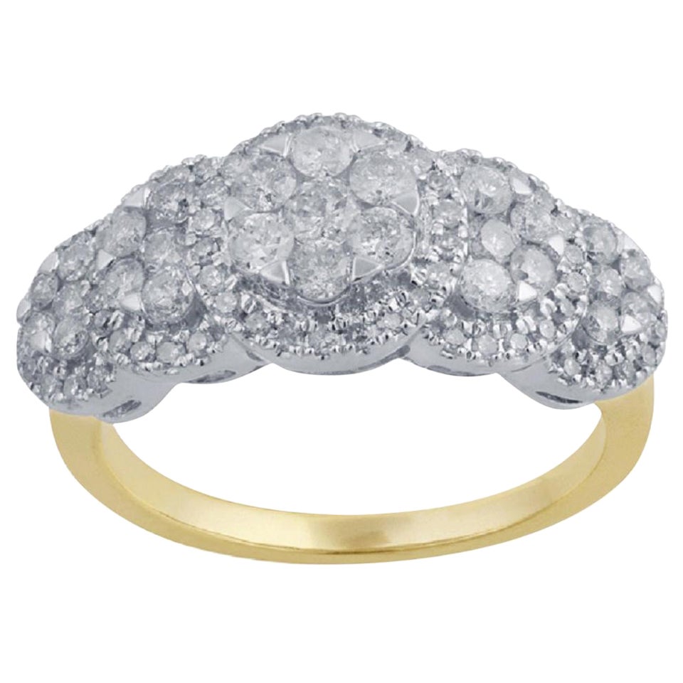 TJD 1.0 Carat Round Diamond 14 Karat Yellow Gold 5 Halo Cluster Designer Ring For Sale