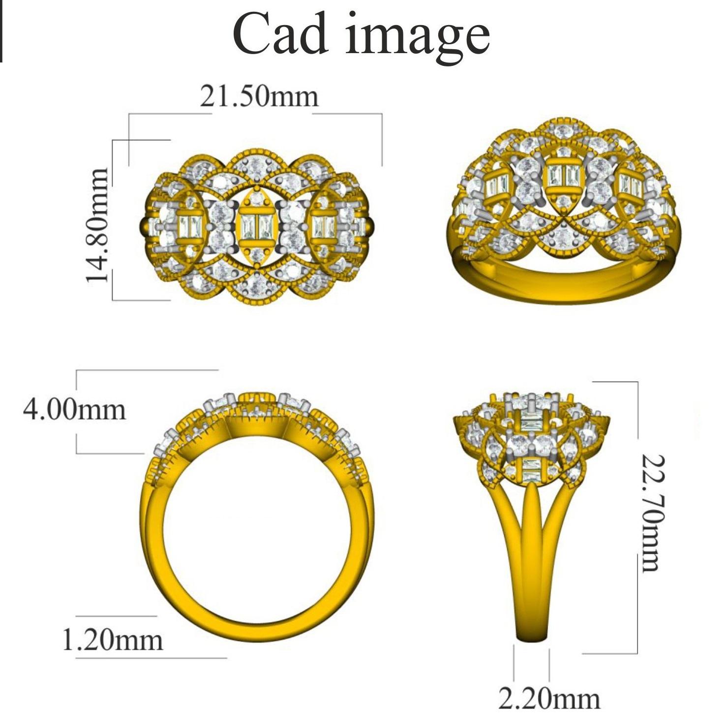 A flawless fusion of diamonds and gold that make people stop and stare. The ring is crafted from 14-karat yellow gold and features 48 Round and 10 Baguette cut white diamonds, Prong, Pave & Channel set, H-I color I2 clarity and a high polish finish