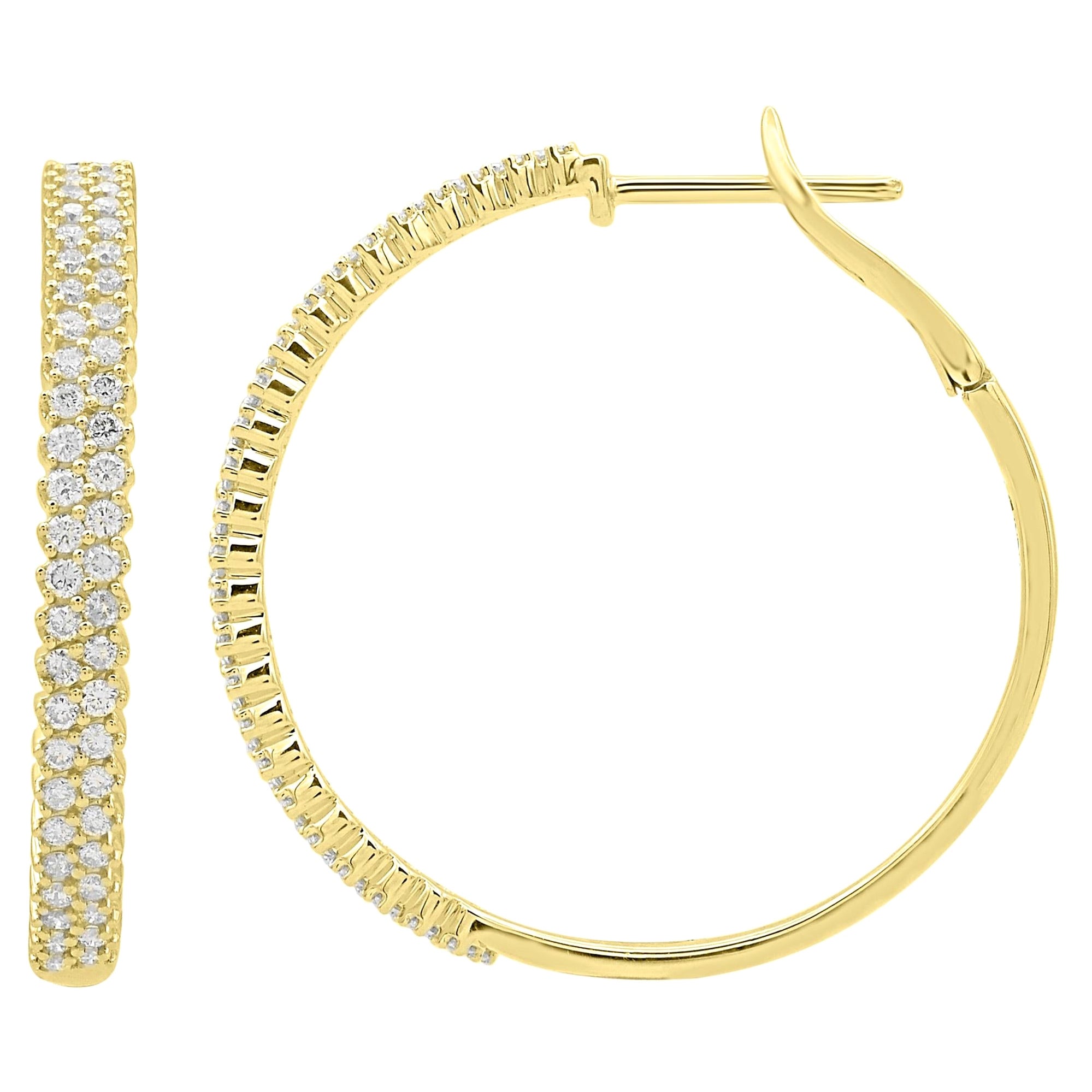TJD 1.0 Carat Round Diamond 14 Karat Yellow Gold Classic Hoop Huggie Earrings