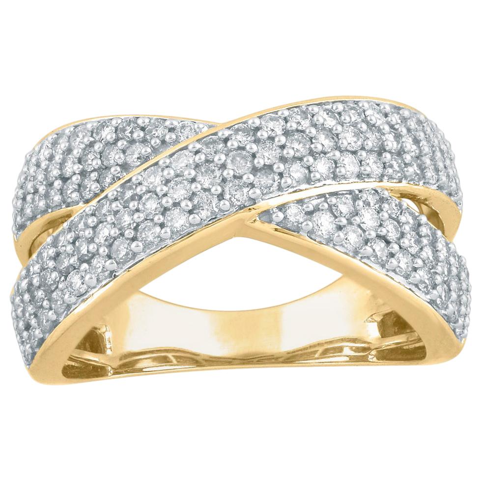 TJD Alianza de boda ancha con diamante redondo de 1,0 quilates y oro amarillo de 14 quilates