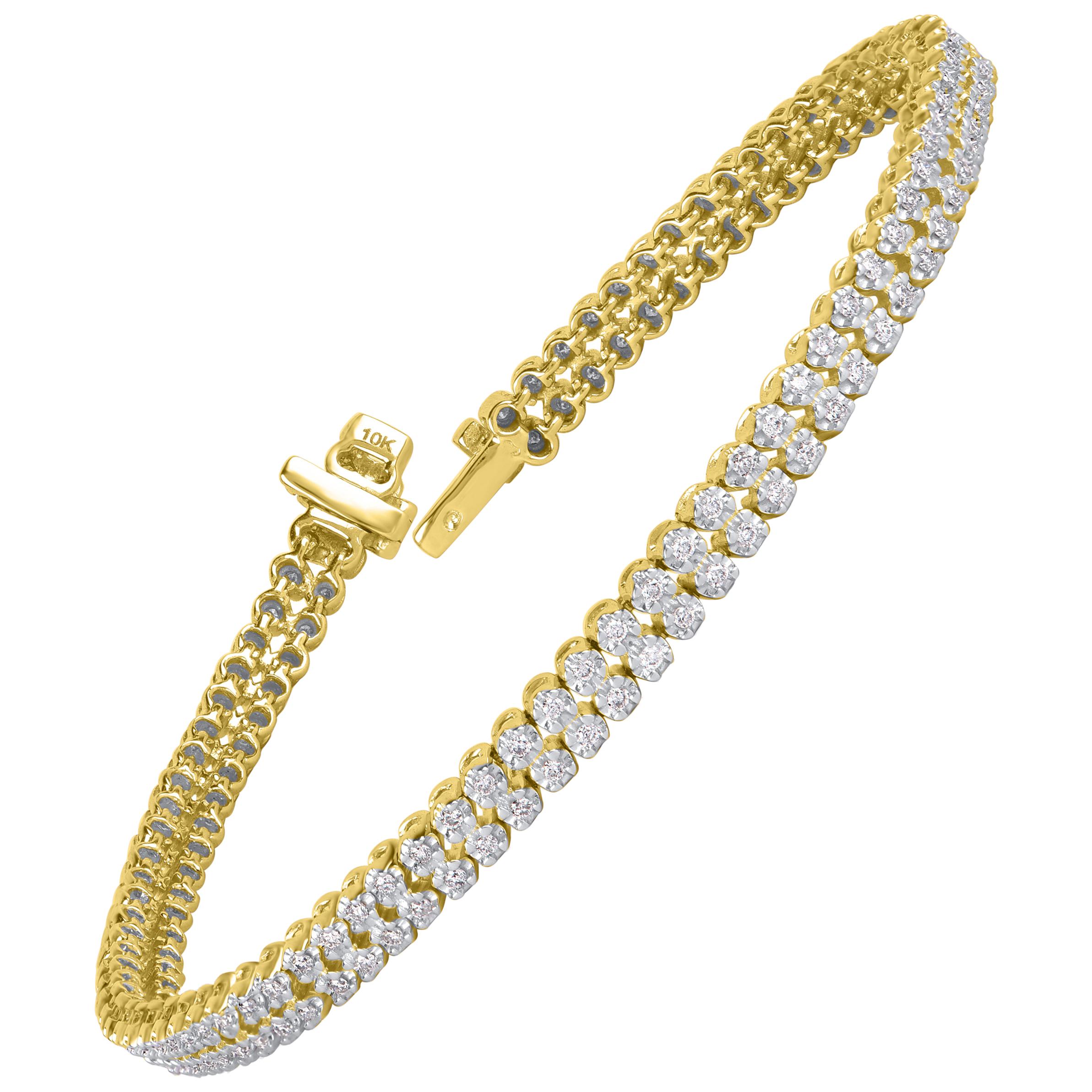 TJD 1.0 Carat Round Diamond 14 Karat Yellow Gold Double Row Tennis Bracelet
