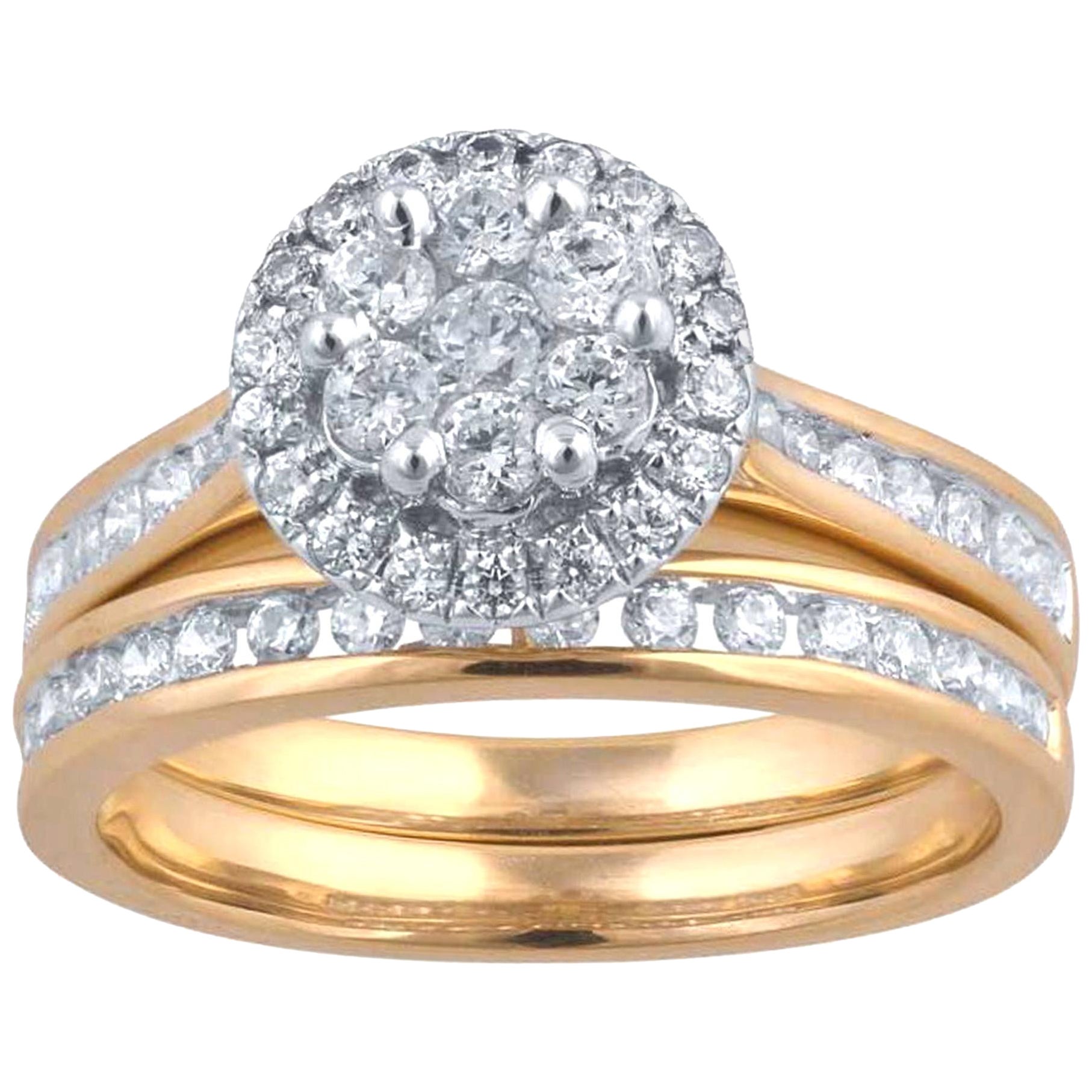 TJD 1.0 Carat Round Diamond 14 Karat Yellow Gold Halo Cluster Bridal Ring Set For Sale