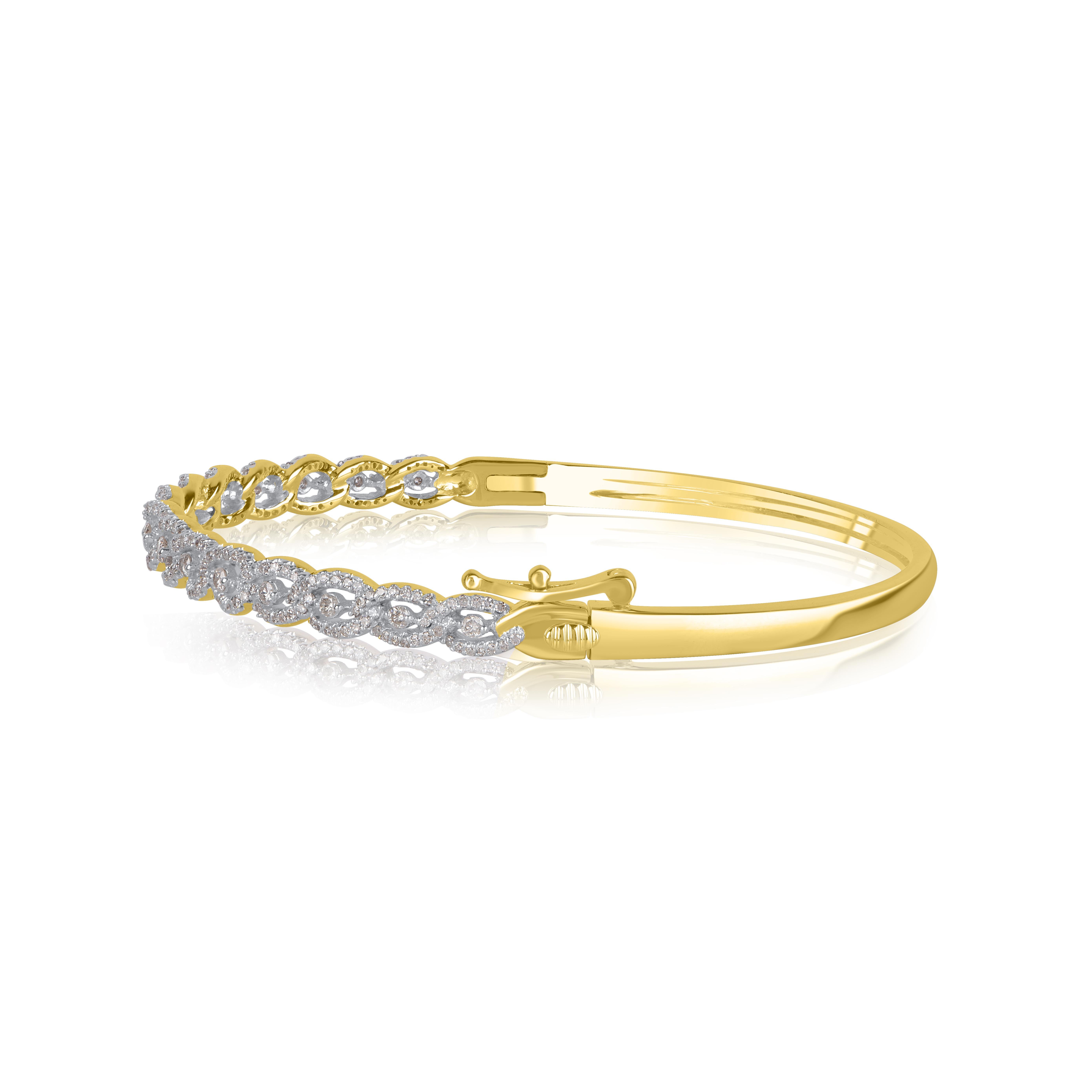 Taille ronde Bracelet jonc à maillons entrelacés en or jaune 14 carats avec diamants ronds de 1,0 carat TJD en vente
