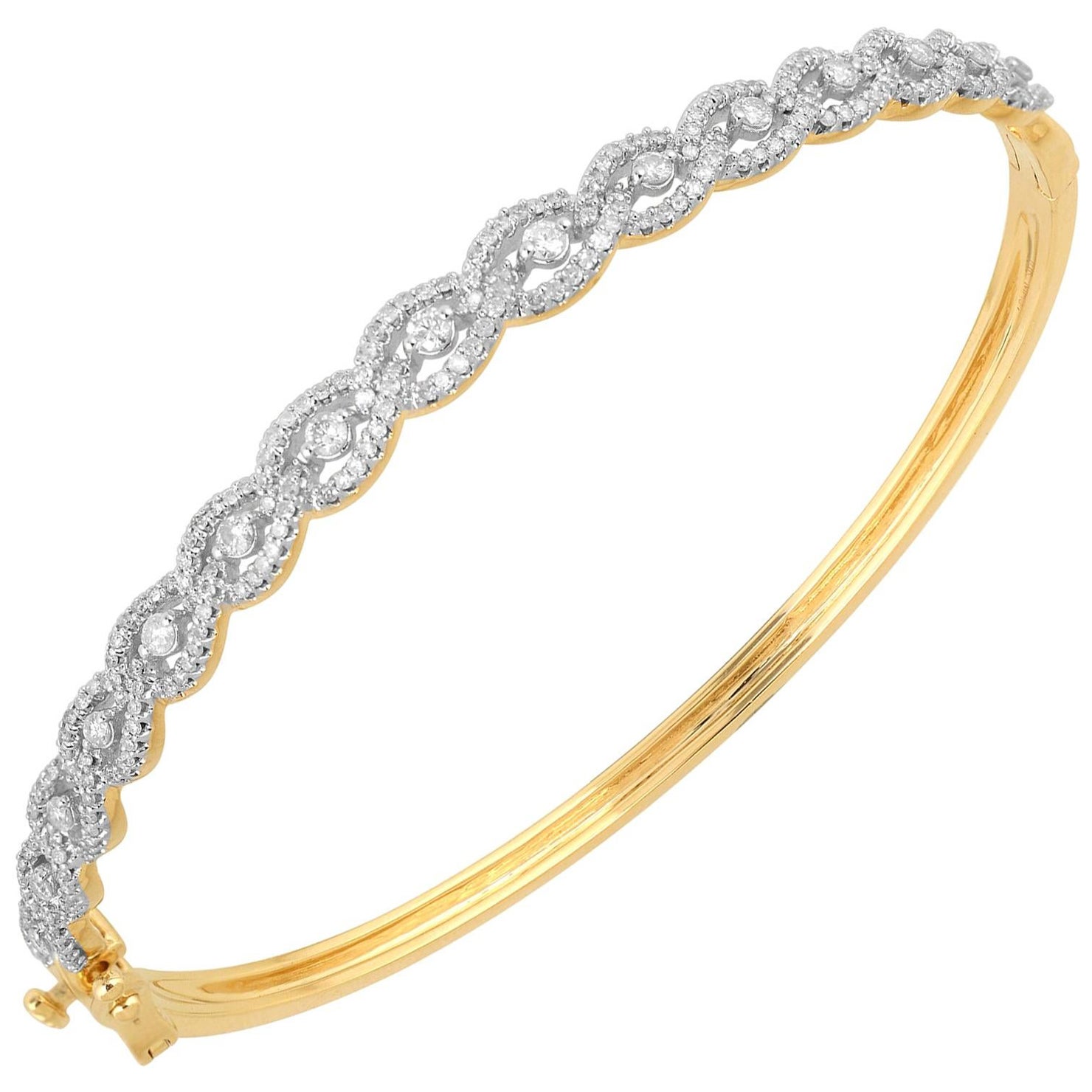 TJD 1.0 Carat Round Diamond 14 Karat Yellow Gold Interlink Diamond Bangle For Sale