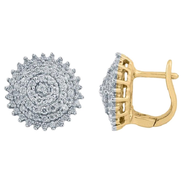 TJD 1.0 Carat Round Diamond 14 Karat Yellow Gold Sunburst Cluster Stud Earrings