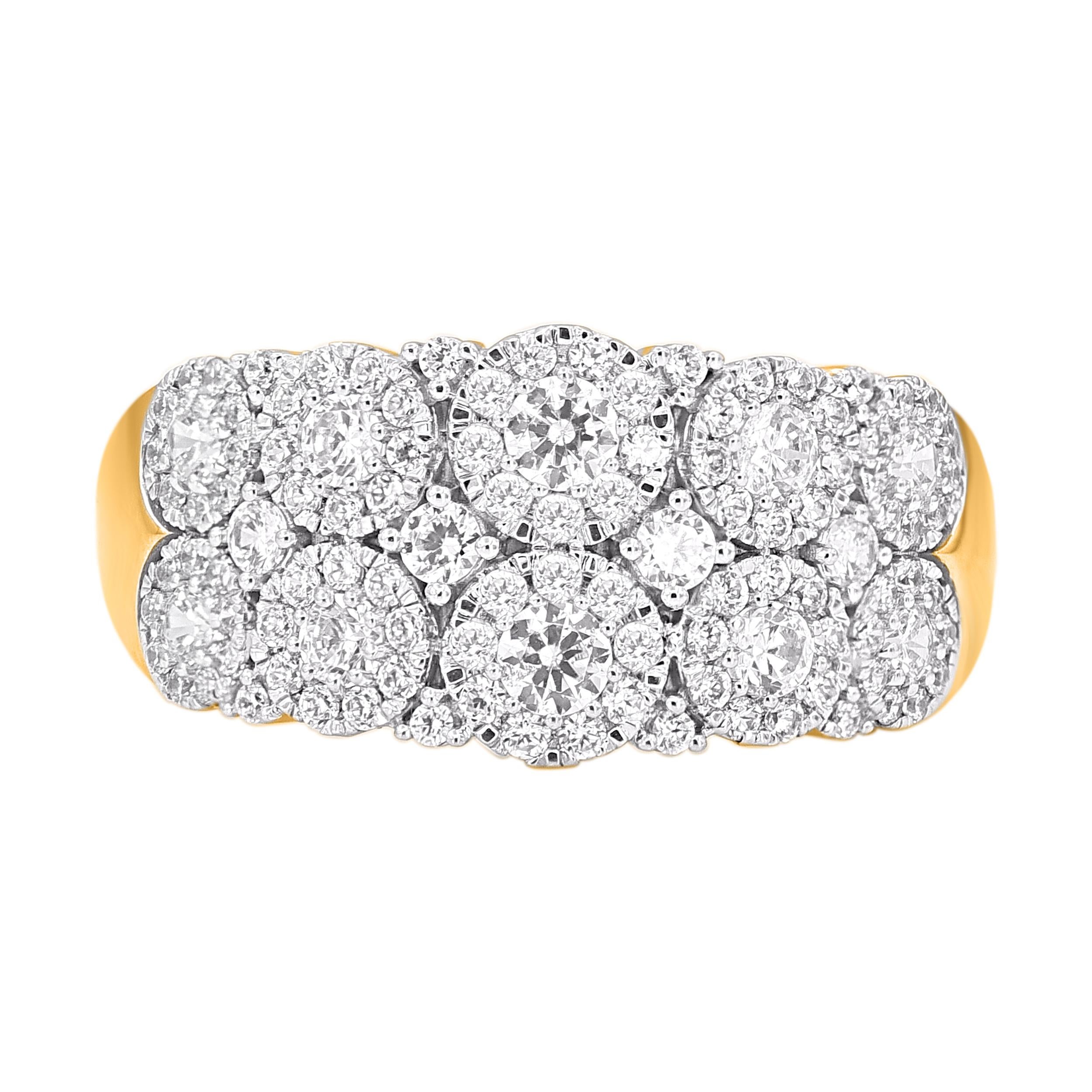 Dare to dazzle when you wear this bold and clever diamond band in yellow gold. Beautifully crafted by our inhouse experts in 14 karat yellow gold and embellished with 112 round diamond in prong setting. Total diamond weight is 1.0 carat. The