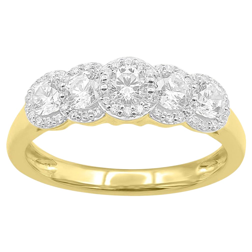 TJD 1.0 Carat Round Diamond 14K Yellow Gold 5-Stone Halo Anniversary Band Ring For Sale