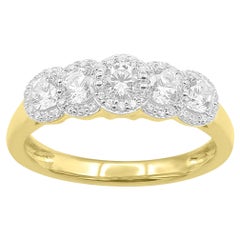 TJD 1.0 Carat Round Diamond 14K Yellow Gold 5-Stone Halo Anniversary Band Ring
