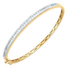 TJD 1.0 Carat Round Diamond 14K Yellow Gold Three Row Designer Diamond Bangle