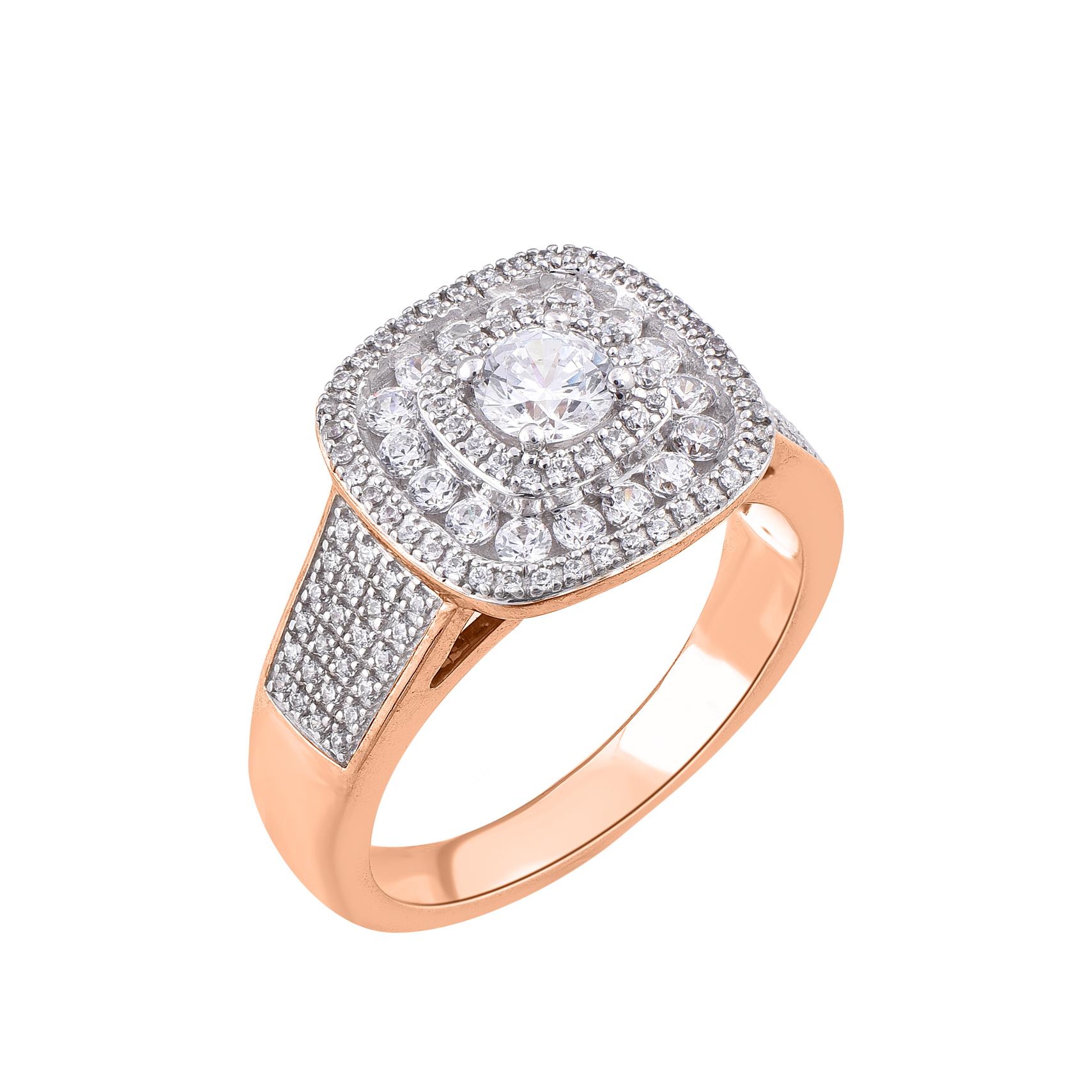 Contemporaneo TJD Anello di fidanzamento con diamante rotondo da 1,0 carati in oro rosa 14KT con cornice a cuscino in vendita