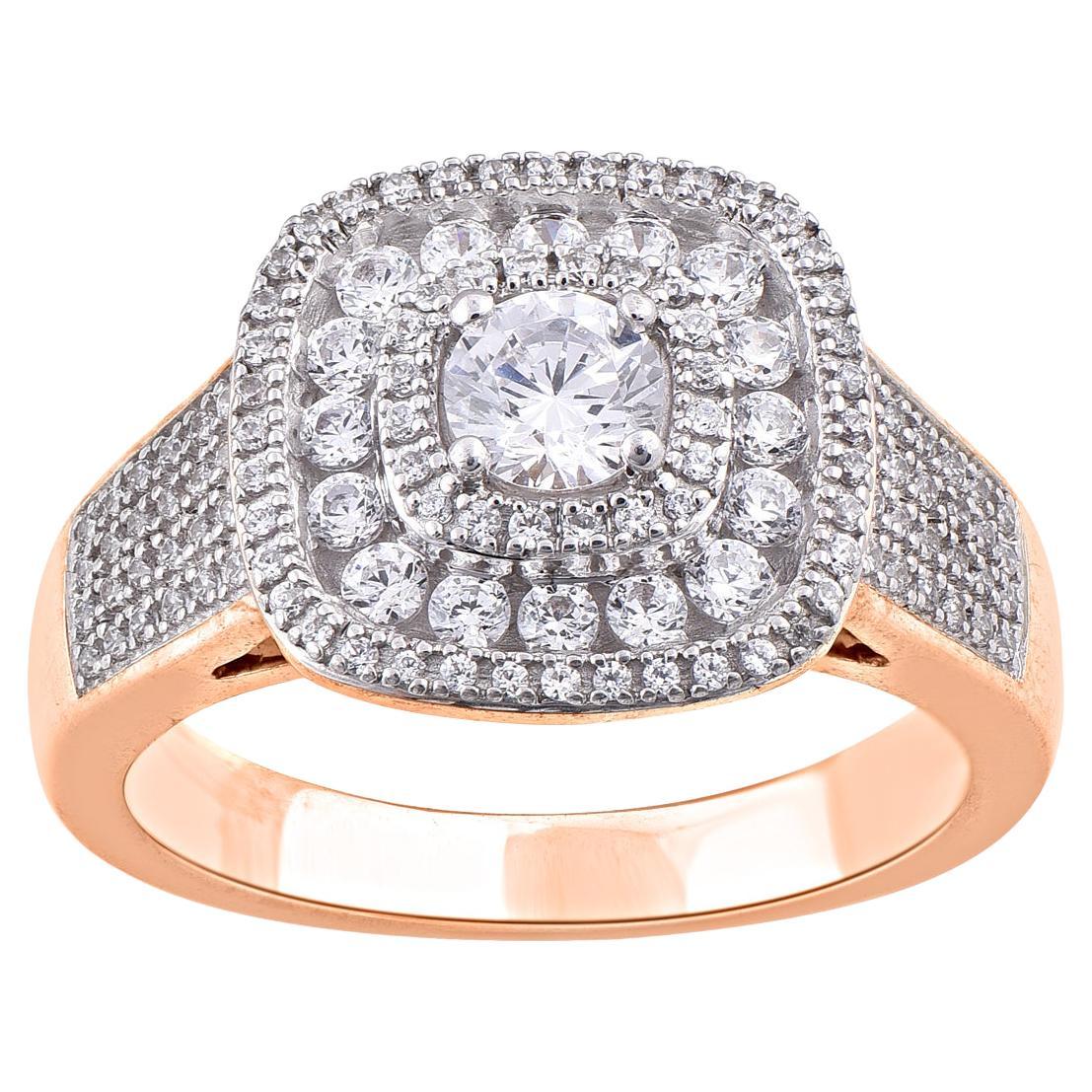 TJD 1.0 Carat Round Diamond 14KT Rose Gold Cushion Frame Cluster Engagement Ring For Sale