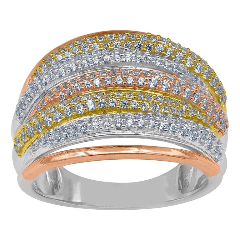 TJD 1.0 Carat Round Diamond 14KT Tri Color Gold Designer Wide Wedding Band Ring For Sale