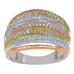 TJD 1.0 Carat Round Diamond 14KT Tri Color Gold Designer Wide Wedding Band Ring