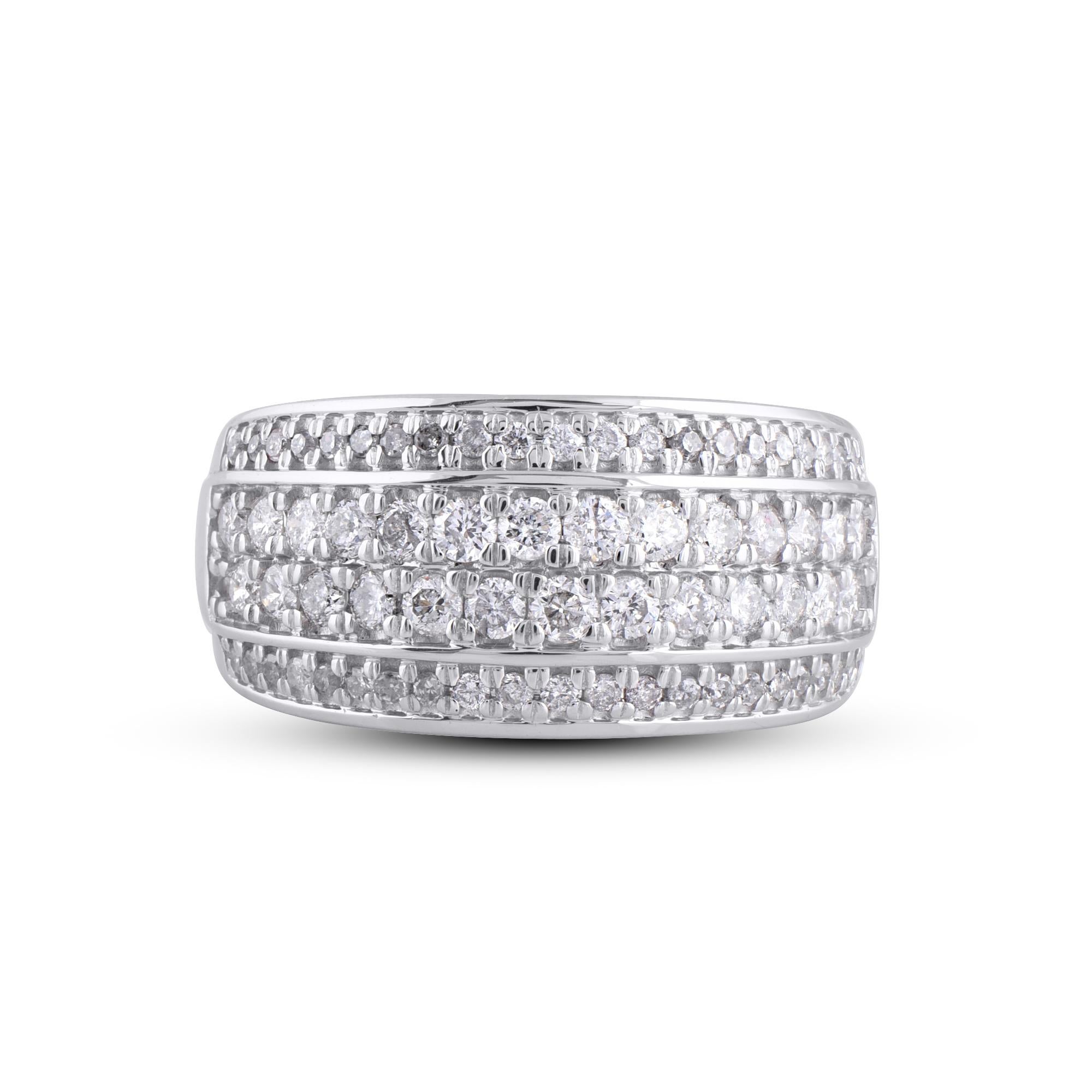 Truly exquisite, this multi row band diamond ring is sure to be admired for the inherent classic beauty and elegance within its design. This band ring features a sparkling 77 brilliant cut and single cut round diamonds beautifully set in pave