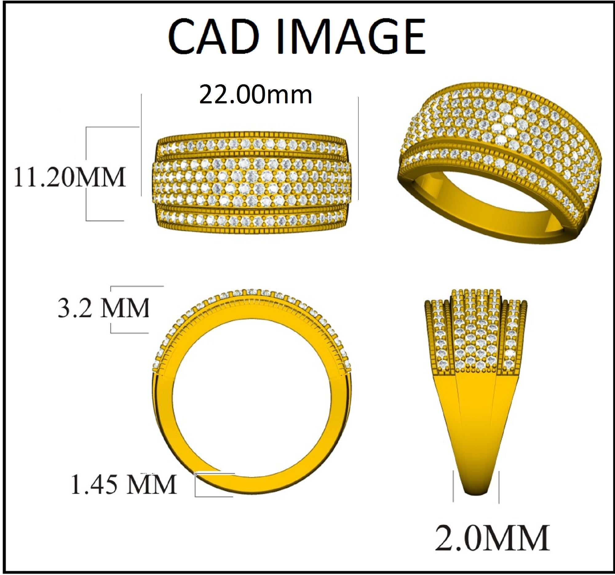 Stunning with color and sparkle, this wide wedding ring proclaims her sophistication. The ring is crafted from 14 karat Yellow gold and features Round 122 white diamonds, pave set, H-I color I2 clarity and a high polish finish complete the Brilliant