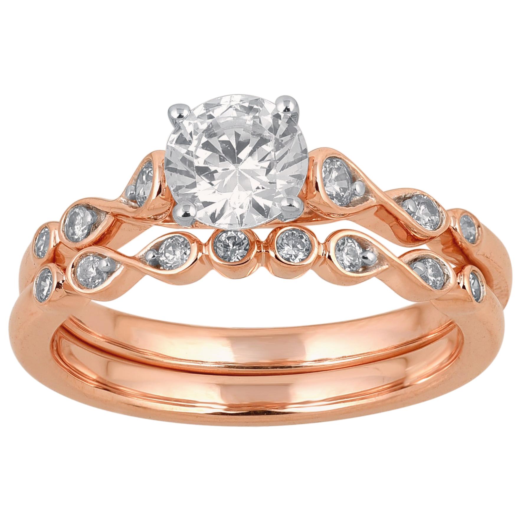 Bague de mariage Infinity en or rose 18 carats sertie d'un diamant rond de 1,0 carat TJD
