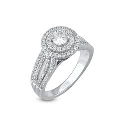 TJD 1,0 Karat runder Diamant 18 Karat Weißgold Kissenförmiger Doppel-Halo-Ring mit rundem Diamantschliff