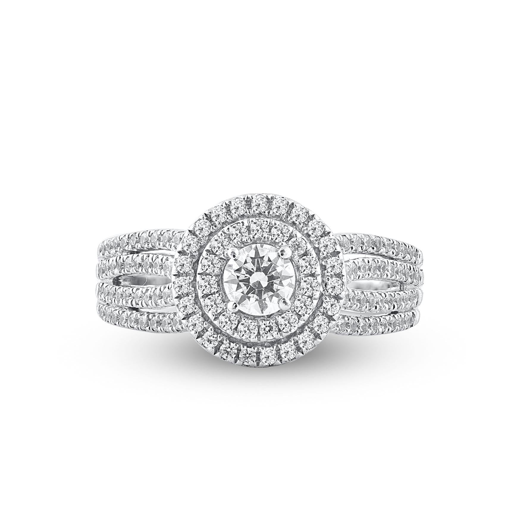 Contemporary TJD 1.0 Carat Round Diamond 18 Karat White Gold Cushion Shape Double Halo Ring For Sale