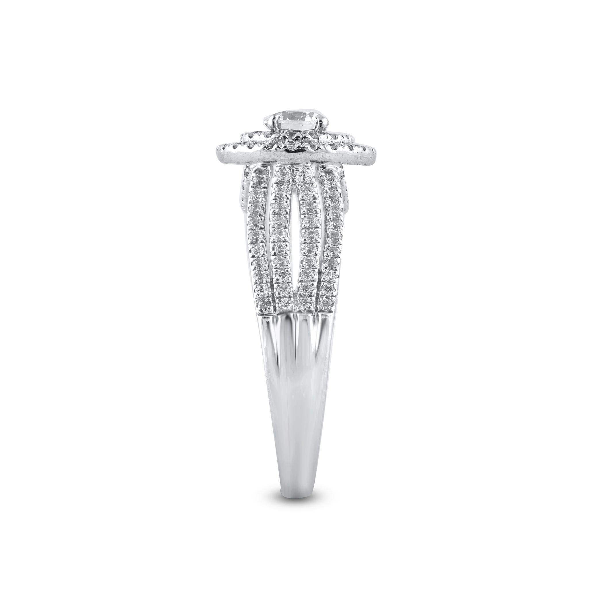 Round Cut TJD 1.0 Carat Round Diamond 18 Karat White Gold Cushion Shape Double Halo Ring For Sale