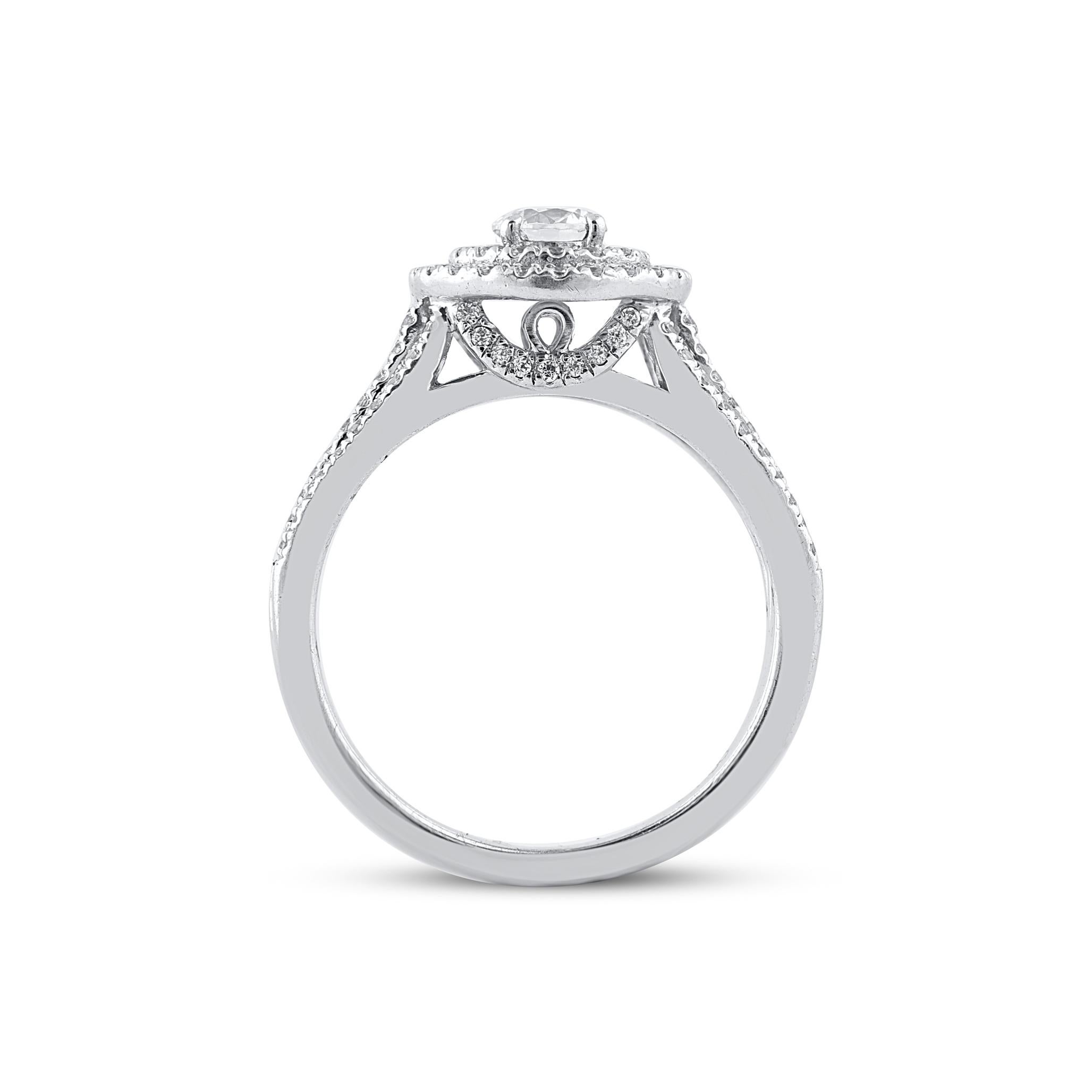 TJD 1.0 Carat Round Diamond 18 Karat White Gold Cushion Shape Double Halo Ring In New Condition For Sale In New York, NY