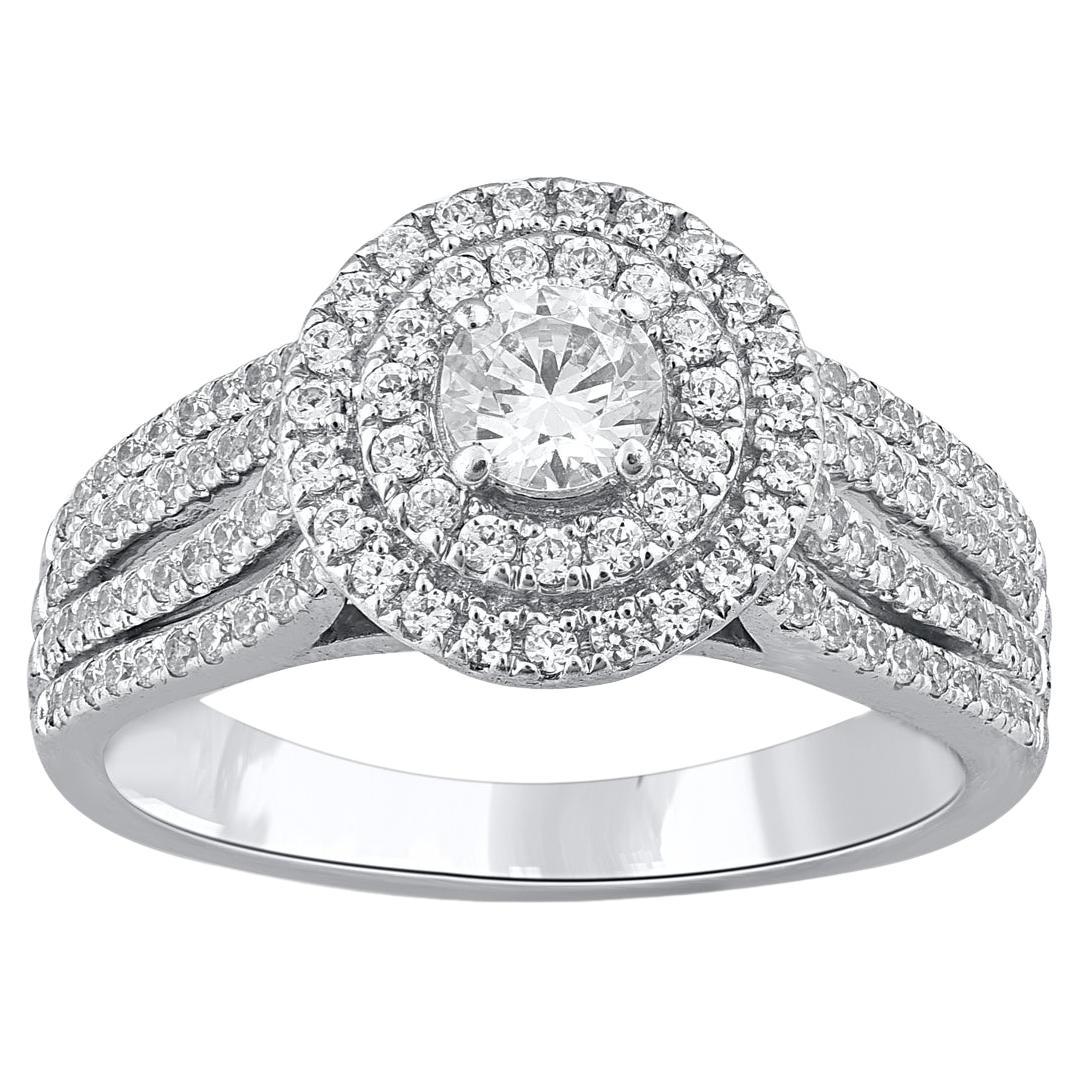 TJD 1.0 Carat Round Diamond 18 Karat White Gold Cushion Shape Double Halo Ring For Sale