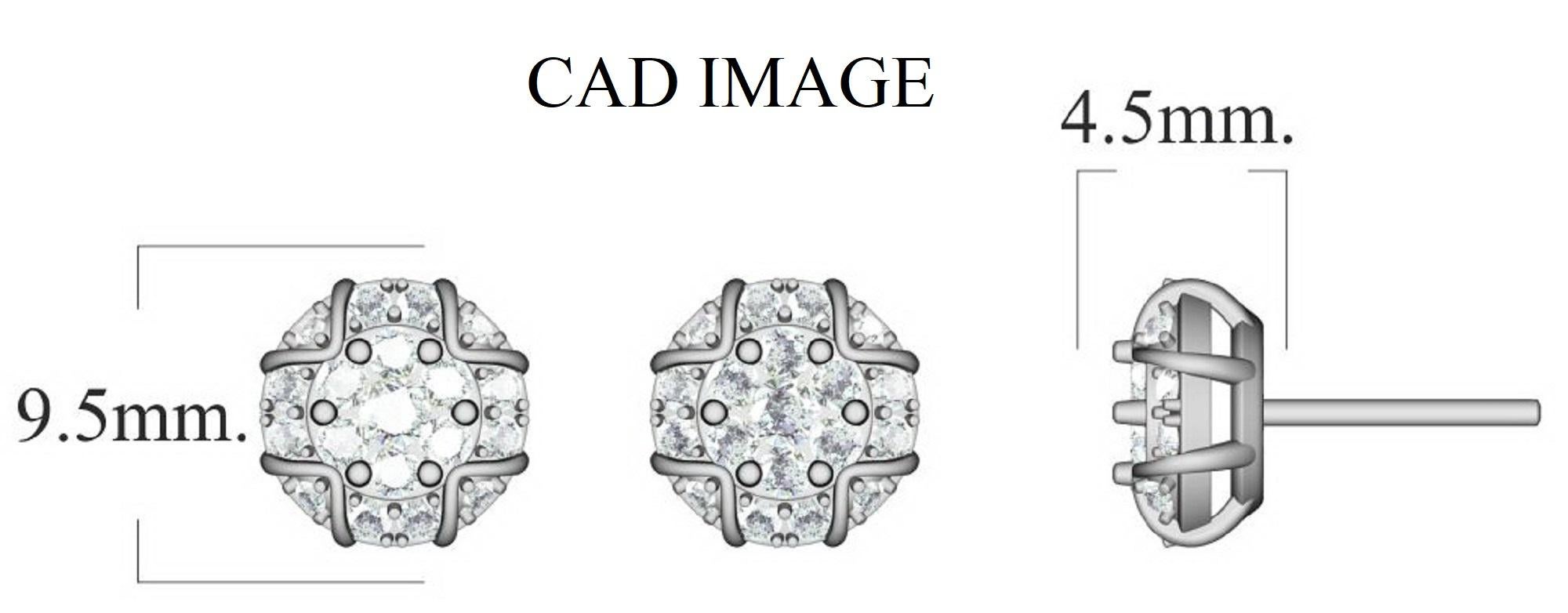 Cluster in oro bianco 18 carati  Orecchini con 38 diamanti tondi brillanti senza tempo Gli orecchini a perno con diamanti a grappolo hanno 1,00 carati di diamanti tondi incastonati a pavé, a pressione e a canale, colore H-I e purezza I2. Questi