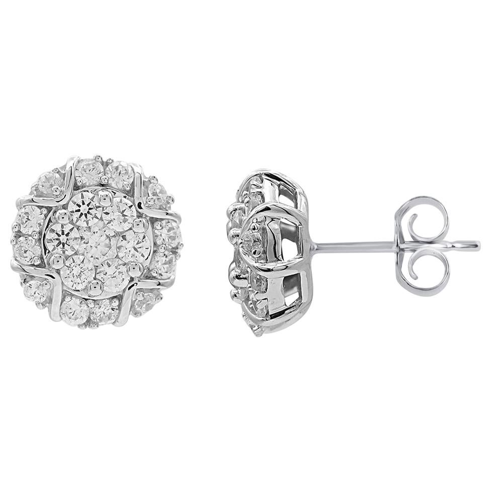 TJD 1.0 Carat Round Diamond 18 Karat White Gold Designer Cluster Stud Earring