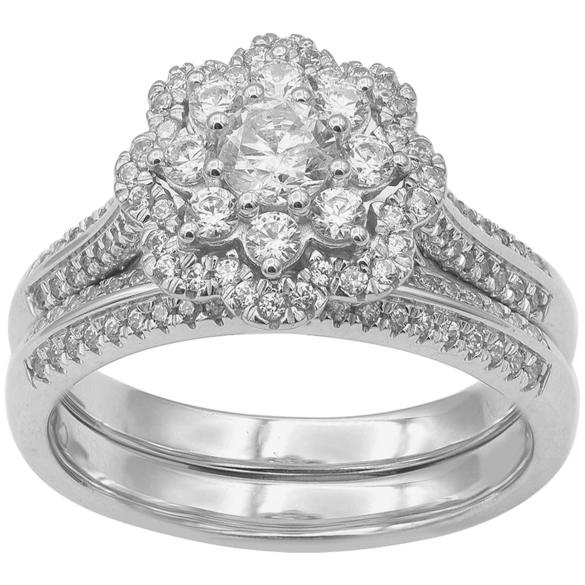 TJD 1.0 Carat Round Diamond 18 Karat White Gold Double Halo Bridal Ring Set For Sale