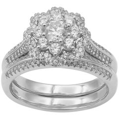 Used TJD 1.0 Carat Round Diamond 18 Karat White Gold Double Halo Bridal Ring Set