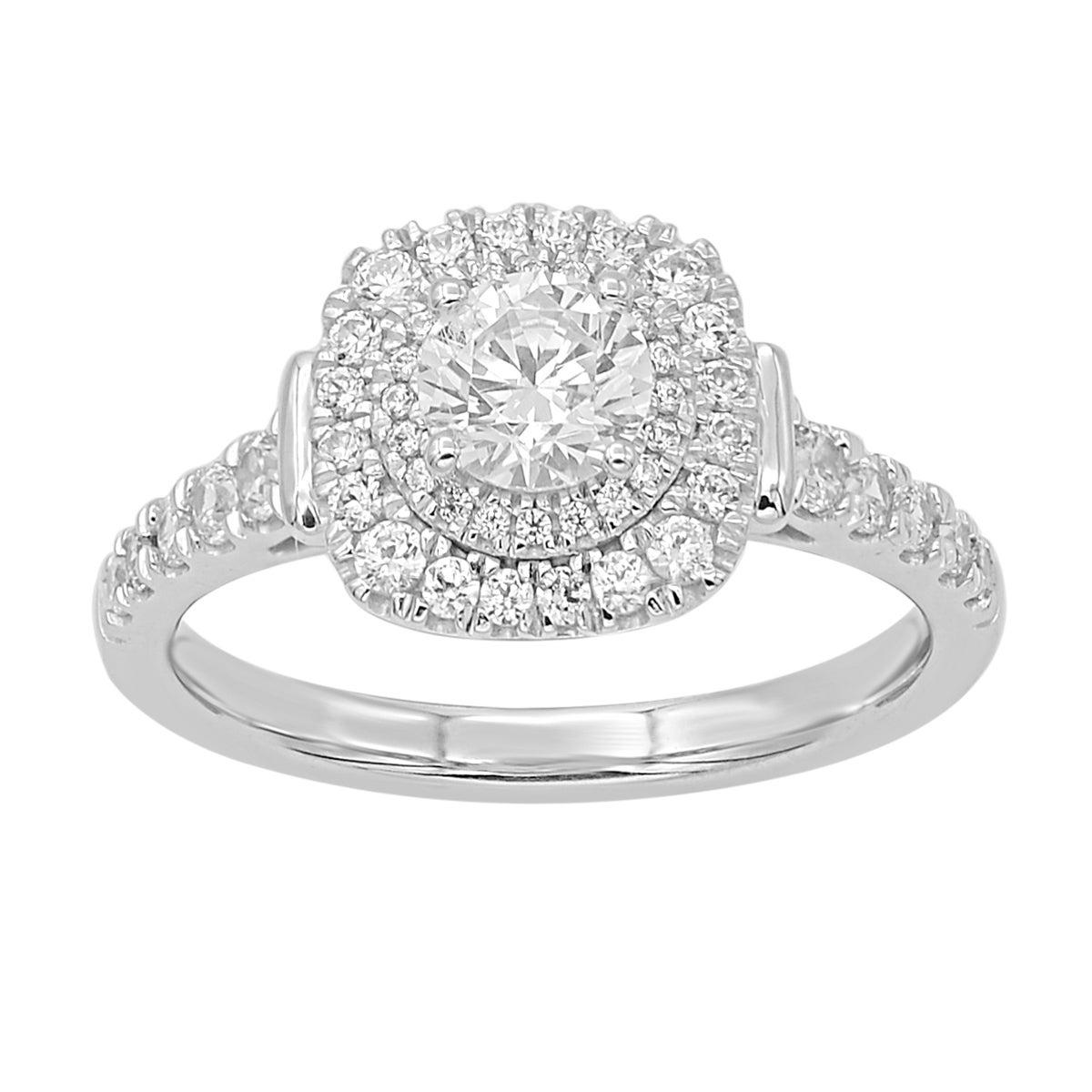 TJD 1.0 Carat Round Diamond 18 Karat White Gold Double Halo Engagement Ring For Sale